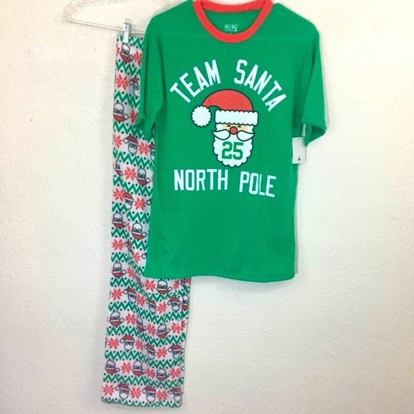 Secret Santa Other - NWT Secret Santa Soft Fleece 2 pc Short Sleeve Christmas Team Santa Pajamas Med